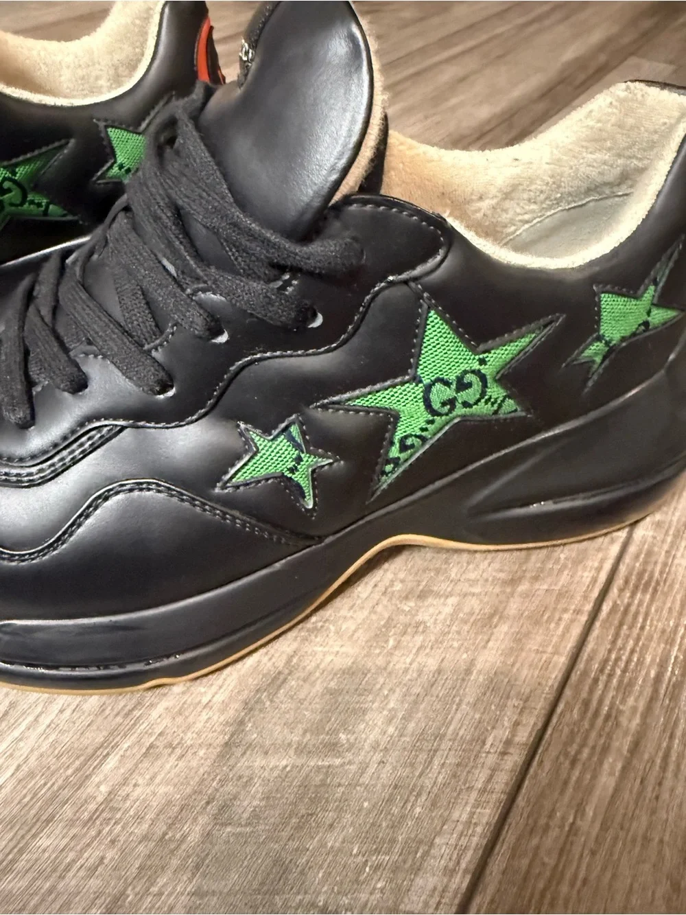 Gucci Black Leather Sneakers with Green Star Motif